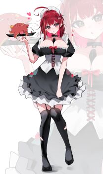 1girl :o absurdres ahoge akane_lize animal_print between_breasts black_choker black_dress black_garter_straps black_thighhighs bow breasts center-flap_bangs choker cleavage commentary corset creature dated_commentary double-parted_bangs dress dress_bow full_body garter_straps grey_eyes hair_intakes hand_up highres holding holding_tray huge_ahoge large_breasts leg_up looking_at_viewer low_neckline maid maid_headdress medium_hair mole mole_under_eye parted_lips pienna_(akane_lize) red_bow red_hair short_dress short_sleeves solo standing stellive thighhighs torn_clothes torn_thighhighs tray variant_set virtual_youtuber white_background white_corset yeomhwauranyum zoom_layer