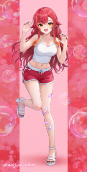 1girl absurdres asymmetrical_bangs bandaid bandaid_on_leg bare_shoulders black_nails blush breasts camisole claw_pose cleavage commentary_request crop_top crossed_legs dolphin_shorts drawstring ear_piercing earrings fang fingernails full_body gradient_hair hair_flaps hand_up highres jewelry large_breasts long_hair looking_at_viewer midriff multicolored_hair nail_polish navel nekota_tsuna open_mouth orange_eyes orange_hair piercing red_background red_hair red_shorts sandals short_shorts shorts sidelocks smile solo standing standing_on_one_leg strappy_heels streaked_hair stud_earrings toenail_polish toenails toes twitter_username two-tone_hair virtual_youtuber vspo! wajuniorbox white_camisole white_sandals