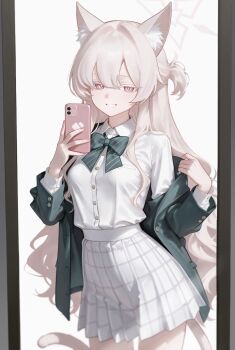 1girl absurdres akira_(blue_archive) animal_ears blue_archive breasts commentary halo highres long_hair looking_at_viewer mellow_(srpp4843) open_clothes open_shirt phone smile untranslatable_commentary