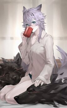 1girl absurdres animal animal_ears arknights black_panties blue_eyes blush closed_mouth collared_shirt commentary crossed_bangs cup english_commentary grey_hair grey_shirt grey_tail hair_between_eyes highres holding holding_cup lappland_(arknights) lappland_the_unemployed_(meme) long_hair long_sleeves looking_at_viewer meme mug no_pants nose_blush open_collar panties scar scar_across_eye scar_on_face shirt sitting smile solo tail tail_raised underwear useless_dino wolf wolf_ears wolf_girl wolf_tail