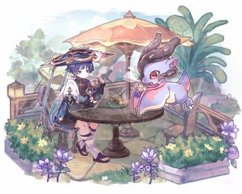 1boy anemo_symbol_(genshin_impact) animal_print arm_rest armor bird_print black_bodysuit black_bridal_gauntlets black_eyes black_sandals black_shorts blue_cape blue_gem blue_hat blue_kimono blue_sky blue_sleeves blunt_ends bodysuit bridal_gauntlets bridal_legwear bush cape chair clenched_hand closed_mouth commentary_request cup diorama dragon eyeliner eyeshadow floating flower furisode gem genshin_impact gold gold_ring grass gurumin_(gurruguru) hakama hakama_shorts hat holding holding_cup japanese_armor japanese_clothes jingasa juban kimono kote kurokote layered_sleeves leg_warmers levitation looking_at_animal makeup male_focus mandarin_collar middle_eastern_architecture middle_ring open_clothes open_kimono outdoors padisarah_flower pleated_shorts pom_pom_(clothes) purple_flower purple_hair red_eyeliner red_eyeshadow sandals scaramouche_(genshin_impact) short_sleeves shorts shoulder_peek signature sitting sky small_dragon smile split_mouth stirrup_legwear sumeru_city table toeless_legwear toes tree umbrella vision_(genshin_impact) wanderer_(genshin_impact) watermark white_flower white_kimono white_leg_warmers white_sleeves wooden_chair wooden_table zouri