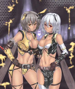 2girls abs antennae asymmetrical_docking bee_girl belt breast_press breasts choker cleavage cropped_jacket dark_skin dark-skinned_female elbow_gloves gloves grey_hair heart highres honeycomb_(pattern) honeycomb_background honeycomb_pattern houtengeki arthropod_girl insect_wings large_breasts loincloth midriff monster_girl multiple_girls navel orange_eyes original red_eyes short_hair thighhighs thighs vest white_hair wings
