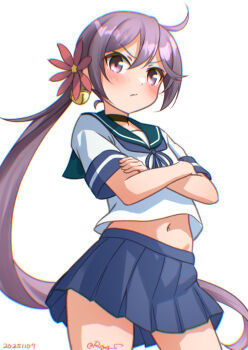 1girl akebono_(kancolle) black_choker blue_sailor_collar blue_skirt blush breasts choker crossed_arms flower hair_flower hair_ornament kantai_collection long_hair looking_at_viewer navel neckerchief purple_eyes purple_hair ray.s red_neckerchief sailor_collar school_uniform shirt simple_background skirt small_breasts solo white_background white_shirt