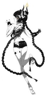 1girl absurdres ass black_hair expressionless highres horns midriff p_(pm_611a) short_shorts shorts tagme white_background