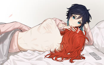 aqua_eyes back back_focus bare_back bed blanket blue_hair braid closed_mouth controller dark_blue_hair diluc_(genshin_impact) genshin_impact gradient_hair green_eyes highres kkopoli long_hair long_sleeves male_focus multicolored_hair pajamas pants pillow red_hair remote_control shorts twin_braids venti_(genshin_impact) yaoi