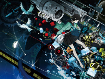 bad_id bad_pixiv_id bag bird black_hair bubble cardigan cellphone constellation cube envelope closed_eyes fish floating_screen jellyfish original phone pleated_skirt satellite school_bag school_uniform short_hair skirt surreal usi