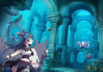 Rule 34 | 1girl, black capelet, black thighhighs, blue hair, brooch, capelet, commentary request, cowboy shot, genjitsu no yohane, grey skirt, hair bun, highres, jewelry, lailaps (genjitsu no yohane), long hair, love live!, love live! sunshine!!, miniskirt, monster, pink eyes, puffy short sleeves, puffy sleeves, satolive20, shirt, short sleeves, signature, single side bun, skirt, standing, thighhighs, tsushima yoshiko, underwater, white shirt, yohane (genjitsu no yohane), zettai ryouiki