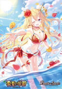 Rule 34 | 1girl, ahoge, battle spirits, bikini, blonde hair, blue eyes, blue sky, breasts, cleavage, cloud, cloudy sky, commentary request, copyright logo, copyright name, copyright notice, flower, gradient hair, hair flower, hair ornament, ibara riato, jewelry, large breasts, logo, multicolored hair, navel, necklace, ocean, official art, one eye closed, open mouth, outdoors, petals, red bikini, red flower, red petals, rei ooba, sky, smile, solo, splashing, sunlight, swimsuit, thigh strap, wading, yellow petals