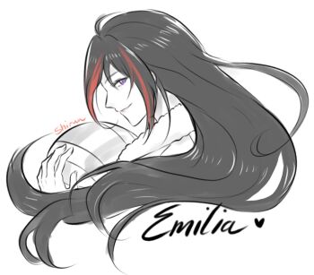 Rule 34 | 1girl, ahoge, artist name, black hair, character name, closed mouth, commentary, eiyuu densetsu, emilia harling, english commentary, english text, from behind, fur collar, hair between eyes, heart, helmet, holding, holding unworn helmet, kai no kiseki, kuro no kiseki (series), limited palette, long hair, looking at viewer, multicolored hair, parted bangs, purple eyes, red hair, shiruuruu, simple background, smile, solo, streaked hair, two-tone hair, unworn headwear, unworn helmet, white background