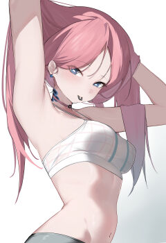 Rule 34 | 1girl, absurdres, arknights, bare arms, bare shoulders, blue eyes, blue poison (arknights), bright pupils, camisole, commentary, crop top, ct.ender, earrings, eyes visible through hair, groin, hair lift, hair tie, hair tie in mouth, highres, jewelry, long hair, looking at viewer, mouth hold, pink hair, solo, spaghetti strap, stomach, tying hair, upper body, white background, white camisole, white pupils