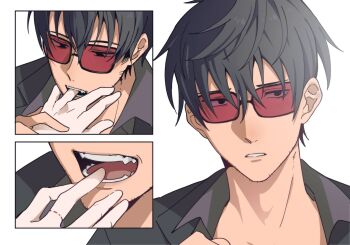 1boy 1other absurdres beard bite_mark biting_another's_hand biting_hand black_eyes black_hair black_jacket blush collared_shirt facial_hair grey_shirt highres jacket looking_at_viewer nicholas_d._wolfwood open_mouth shirt short_hair solo_focus sunglasses teeth trigun trigun_stampede varelserz