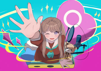 1girl ;d absurdres aqua_neckerchief arm_up breasts brown_dress commentary_request dress foreshortening fujishima_megumi hasu_no_sora_school_uniform hasutousan heart hellomegu! highres large_breasts link!_like!_love_live! long_sleeves looking_at_viewer love_live! microphone neckerchief one_eye_closed open_hand open_mouth pop_filter purple_eyes sailor_collar sailor_dress school_uniform smile solo sparkle stuffed_animal stuffed_toy teddy_bear virtual_youtuber white_sailor_collar winter_uniform