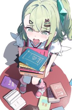 Rule 34 | 1girl, @ @, arm warmers, bag, bandaid, bandaid hair ornament, black skirt, blush, book, commentary request, from above, green eyes, green hair, hair ornament, heart, heart hair ornament, highres, holding, holding book, leg warmers, millet pepper, multiple hair clips, necktie, open mouth, pile of books, pink arm warmers, pink bag, pink leg warmers, pink shoes, red necktie, shadow, shirt, shoes, skirt, solo, striped arm warmers, striped leg warmers, sunna (zenless zone zero), twitter username, white background, white shirt, white wings, winged bag, wings, zenless zone zero