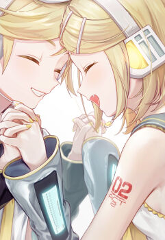 1boy 1girl absurdres bare_shoulders blonde_hair closed_eyes detached_sleeves forehead-to-forehead heads_together highres holding_hands interlocked_fingers kagamine_len kagamine_rin long_sleeves open_mouth siblings smile vocaloid vs0mr