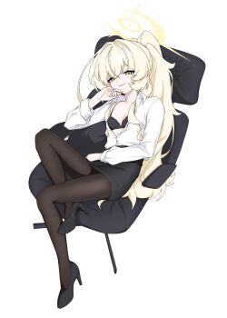 1girl absurdres black_bra black_panties black_pantyhose black_shoes black_skirt blonde_hair blue_archive bra breasts chair collared_shirt dress_shirt elbow_rest figure_four_sitting fluffy_hair full_body green_eyes hair_intakes half-closed_eyes halo high_heels high_ponytail highres long_sleeves looking_at_viewer mandara3a miniskirt office_chair office_lady on_chair open_clothes open_shirt panties pantyhose pantyshot parted_lips partially_unbuttoned pencil_skirt petite ponytail professor_niyaniya_(blue_archive) professor_niyaniya_(teacher)_(blue_archive) pumps seductive_smile shirt shoes sitting skirt small_breasts smile solo swivel_chair underwear white_background white_shirt wing_collar yellow_halo