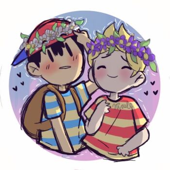 2boys black_hair child crown flower hat head_wreath lucas_(mother_3) male_focus mother_(series) mother_2 mother_3 multiple_boys ness_(mother_2) nicole_(artist) nintendo shirt source_request striped_clothes striped_shirt super_smash_bros.