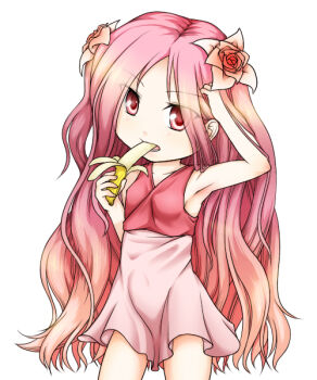 1girl armpits banana breasts commentary_request cowboy_shot eating flower food fruit hair_flower hair_ornament haty lady_tanee long_hair looking_at_viewer open_mouth pink_eyes pink_flower pink_hair pink_rose pink_shirt pink_skirt ragnarok_online rose shirt simple_background skirt sleeveless sleeveless_shirt small_breasts solo very_long_hair white_background