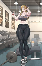 1girl abs absurdres adjusting_hair bottle breasts brown_hair collarbone commission eating fangs full_body green_eyes gym gym_uniform hands_up highres inuyama_aoi looking_at_viewer muscular muscular_female navel pants pixiv_commission qtime_702 raised_eyebrows shoes solo tight_clothes tight_pants water_bottle weight_rack weights yurucamp