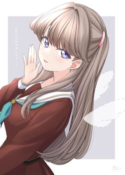 1girl absurdres angel_wings aqua_neckerchief border breasts brown_dress brown_hair commentary detached_wings dotted_line dress fujishima_megumi grey_background hasu_no_sora_school_uniform highres large_breasts link!_like!_love_live! long_hair long_sleeves looking_at_viewer love_live! neckerchief outside_border parted_lips purple_eyes sailor_collar sailor_dress school_uniform simple_background solo translation_request tsubuan_(in_taiyaki) two_side_up virtual_youtuber white_border white_sailor_collar wings winter_uniform