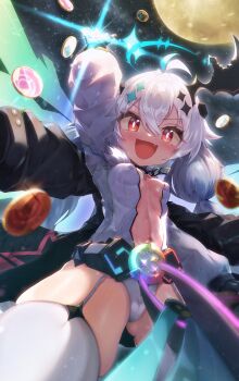 Rule 34 | 1girl, :d, absurdres, antenna hair, apollo (twinkle star knights), areola slip, arm up, backlighting, belt, black gloves, black jacket, blue hair, blue halo, blush, breasts, bright pupils, cameltoe, center opening, chain, choker, coin, commentary request, covered erect nipples, energy wings, fang, fingerless gloves, four-pointed star, from below, full moon, garter straps, gloves, glowing, glowing hand, gluteal fold, hair between eyes, hair ornament, halo, highres, jacket, jacket on shoulders, leotard, long hair, long sleeves, looking at viewer, low twintails, moon, multicolored hair, navel, night, open mouth, puffy long sleeves, puffy sleeves, rakkyo (nebiusu30), red eyes, rider belt, skindentation, sky, small breasts, smile, solo, spiked hair, star (sky), star (symbol), star hair ornament, starry sky, sword hair ornament, thighhighs, twinkle star knights, twintails, two-tone hair, v-shaped eyebrows, white garter straps, white hair, white leotard, white pupils, white thighhighs