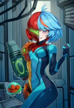 1girl absurdres ahoge arm_cannon blue_hair bodysuit control_panel cosplay gloves hair_ornament hairclip helmet highres indie_virtual_youtuber krow_(elkrow2) lightning_bolt_symbol looking_at_viewer metroid michi_(vtuber) multicolored_hair nintendo one_eye_covered science_fiction short_hair skin_tight smile solo spacecraft thighs tight_clothes virtual_youtuber weapon zero_suit