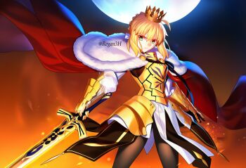 1girl ahoge armor artoria_pendragon_(fate) black_pantyhose blonde_hair breastplate caliburn_(fate) cape commentary_request crown d12-nelth fate/grand_order fate_(series) fur_trim gauntlets gold_armor green_eyes holding holding_sword holding_weapon lord_logres_(fate) lord_logres_(first_ascension)_(fate) moon official_style pantyhose parody red_cape solo style_parody sword twitter_username weapon