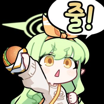 1girl acomu414 animated animated_gif bag blinking blue_archive burger food green_hair green_halo grey_sweater halo hikari_(blue_archive) hikari_(mom&#039;s_touch)_(blue_archive) holding holding_burger holding_food korean_text long_hair long_sleeves official_alternate_costume open_mouth pointy_ears shoulder_bag simple_background solo speech_bubble sweater thick_eyebrows translation_request transparent_background triangle_mouth upper_body v-shaped_eyebrows yellow_bag yellow_eyes