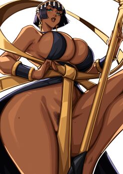 1girl alecto_0 ankha between_legs blue_eyes bob_cut bottomless breasts convenient_censoring cowboy_shot dark-skinned_female dark_skin earrings eliza_(skullgirls) female_pubic_hair fingernails groin_tendon high_heels jewelry knee_up large_breasts lips lipstick long_fingernails looking_at_viewer looking_down makeup medium_hair microphone_stand mole mole_on_breast parted_lips partially_visible_vulva pubic_hair red_lips ribbon skullgirls solo thick_thighs thighs vambraces white_background wide_hips