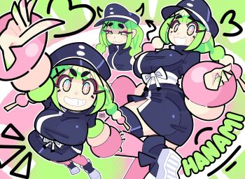 black_skirt bourbunbun commentary dango dress food food-themed_hair green_hair hanami_(bourbunbun) hat highres long_sleeves multicolored_hair open_mouth original pink_eyes pink_thighhighs shirt shoes skirt smile thighhighs twintails wagashi