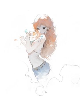 1girl absurdres bangle bare_shoulders belt bikini bikini_top_only blue_pants bracelet brown_eyes closed_mouth cowboy_shot denim earrings food from_side fruit green_bikini highres holding holding_food holding_fruit jeans jewelry kanji_(nievart) log_pose long_hair looking_at_viewer looking_to_the_side mandarin_orange nami_(one_piece) one_piece orange_hair pants pearl_earrings shoulder_tattoo simple_background smile solo stomach swimsuit tattoo wavy_hair white_background