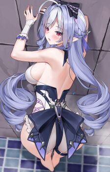 1girl against_wall ass backless_swimsuit black_one-piece_swimsuit blush breasts detached_sleeves drill_hair foreshortening from_above highres large_breasts long_hair looking_at_viewer looking_back matrix16 medium_breasts mole mole_under_eye multicolored_hair official_alternate_costume one-piece_swimsuit open_mouth pointy_ears purple_hair red_eyes sideboob solo streaked_hair swimsuit twin_drills vivian_banshee vivian_banshee_(iris_of_the_shore) white_hair white_one-piece_swimsuit wrist_cuffs zenless_zone_zero