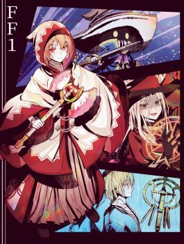 2boys 2girls aqua_eyes black_border black_mage_(final_fantasy) blonde_hair blue_coat blue_robe border closed_mouth coat copyright_name dagger dress final_fantasy final_fantasy_i full_body gold_trim grey_hair hair_between_eyes hat hat_feather highres holding holding_dagger holding_knife holding_staff holding_wand holding_weapon hood hood_up hooded_robe knife long_dress long_hair mirrorclew monk_(final_fantasy) multiple_boys multiple_girls open_mouth rain red-core_timber red_eyes red_hat red_mage_(final_fantasy) red_trim robe short_hair smile staff upper_body wand weapon white_mage_(final_fantasy) white_robe wizard_hat yellow_eyes