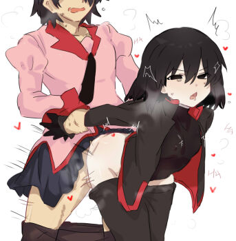 1boy 1girl araragi_koyomi arm_held_back black_eyes black_gloves black_hair black_jacket black_necktie black_pants black_shirt blush clothed_sex clothes_pull cosplay costume_switch covered_erect_nipples crossdressing crossdressing_(ftm) crossdressing_(mtf) flat_chest gakuran gloves grabbing_another&#039;s_arm hair_between_eyes hetero highres jacket juliet_sleeves long_sleeves loving_aura monogatari_(series) motion_lines naoetsu_high_school_uniform necktie open_clothes open_jacket open_mouth oshino_ougi pale_skin pants pants_pull pantyhose pantyhose_pull pink_shirt pleated_skirt puffy_sleeves saliva school_uniform sex sex_from_behind shirt short_hair simple_background skirt standing standing_sex sweat testicles torogao tsugumi_(tgm_615486) turtleneck twitching white_background