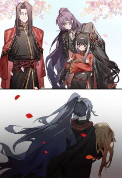 Rule 34 | 2boys, 2girls, absurdres, black coat, black hair, bochishiraita, brother and sister, brown hair, cherry blossoms, chinese clothes, closed eyes, coat, commentary request, crossed arms, death, double bun, family hierarch candidate (identity) (project moon), glasses, grin, hair bun, hair ornament, hairpin, highres, hong lu (project moon), ishmael (project moon), jia xichun (project moon), limbus company, long hair, long sleeves, multicolored hair, multiple boys, multiple girls, ponytail, project moon, red eyes, siblings, smile, streaked hair, twintails, wei (project moon)