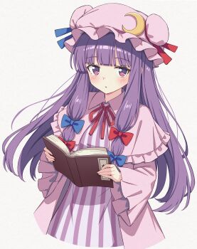 Rule 34 | 1girl, absurdres, blue bow, blush, book, bow, breasts, capelet, commentary request, crescent, crescent hat ornament, dress, hair bow, hat, hat ornament, highres, holding, holding book, long hair, looking at viewer, mob cap, multiple hair bows, neck ribbon, patchouli knowledge, pink capelet, pink dress, pink hat, purple eyes, purple hair, red bow, red ribbon, ribbon, setteiset, small breasts, solo, striped clothes, striped dress, touhou, vertical-striped clothes, vertical-striped dress