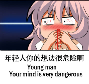 Rule 34 | 1girl, bilingual text, bleeding, blood, chinese text, english text, engrish text, female focus, fujiwara no mokou, jokanhiyou, long hair, looking away, lowres, mixed-language text, nosebleed, pink hair, ranguage, solo, touhou, translation request