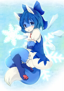 Rule 34 | 1girl, animal ears, animal hands, barefoot, blue eyes, blue hair, blush, bow, cirno, feet, female focus, fox, fox ears, fox tail, furrification, furry, furry female, hair bow, hair ornament, ice, ice wings, jpeg artifacts, kagerofu, large bow, looking at viewer, matching hair/eyes, navel, nude, open mouth, pawpads, ribbon, short hair, snowflakes, soles, solo, tail, toes, touhou, wings