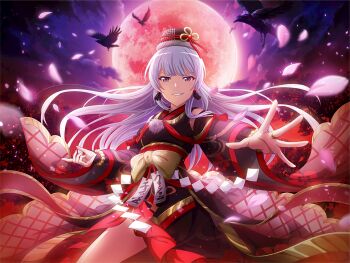 1girl bird black_hat black_kimono black_sleeves crow detached_sleeves earrings falling_petals full_moon game_cg grey_hair hat japanese_clothes jewelry kimono long_hair looking_at_viewer moon obi official_art onmyouji petals purple_eyes ring sash shoujo_kageki_revue_starlight shoujo_kageki_revue_starlight_-re_live- smile solo standing upper_body yukishiro_akira