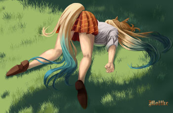 1girl absurdres animal_ears blonde_hair blue_hair ear_ornament ear_piercing grass highres horse_ears horse_girl horse_tail long_hair moltke_(moltke_von) multicolored_hair obey_your_master_(umamusume) orange_skirt outdoors piercing shirt shoes skirt solo tail top-down_bottom-up umamusume umamusume:_cinderella_gray white_shirt