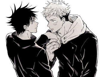 Rule 34 | 2boys, blush, buttons, commentary request, eye contact, fushiguro megumi, greyscale, hand grab, hood, hood down, hooded jacket, itadori yuuji, jacket, jj59u, jujutsu kaisen, looking at another, male focus, monochrome, multiple boys, short hair, shy, simple background, spiked hair, undercut, upper body, white background, yaoi