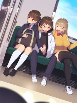 1boy 2girls absurdres bag black_footwear black_jacket black_pants black_shirt black_skirt black_socks blazer blonde_hair blush bow bowtie breasts brown_eyes brown_hair cardigan censored cheek_pinching closed_eyes closed_mouth collared_shirt crossed_legs day dress_shirt dutch_angle fang handjob highres huge_filesize jacket kneehighs large_breasts long_hair long_sleeves looking_down looking_to_the_side miniskirt mosaic_censoring multiple_girls necktie nose_blush open_clothes open_jacket open_mouth original pants penis pepper0 pinching pleated_skirt ponytail public_indecency red_neckwear school_bag school_uniform shirt shoes shota sitting skirt sky smile socks stealth_handjob stealth_sex thighhighs train_interior white_footwear white_jacket white_legwear white_shirt window yellow_cardigan