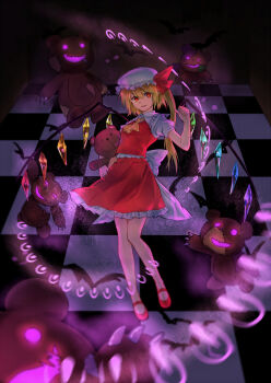 1girl ascot back_bow blonde_hair bow checkered_floor commentary_request crystal_wings danmaku flandre_scarlet frilled_shirt_collar frilled_skirt frills full_body glowing glowing_eyes hand_up hat hat_ribbon highres holding holding_stuffed_toy hujitaumi indoors mob_cap pointy_ears possessed red_eyes red_ribbon red_shirt red_shoes red_skirt ribbon shirt shoes short_sleeves side_ponytail simple_bat skirt smile solo stuffed_animal stuffed_toy teddy_bear touhou white_bow white_hat white_shirt wings yellow_ascot