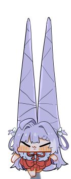 1girl absurdres ahoge arms_at_sides barefoot blue_shirt blush_stickers bow bowtie chibi chibi_only closed_eyes closed_mouth cone_hair_bun double_bun hair_bun hair_intakes hair_rings hakama hakama_skirt hashtag-only_commentary highres huge_hair_bun japanese_clothes long_hair nyangjog purple_hair red_bow red_bowtie red_skirt shirt short_sleeves simple_background skirt solo stellive tenko_shibuki virtual_youtuber walking white_background