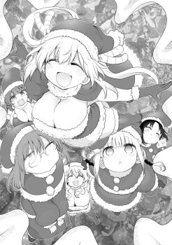 6+girls :d ^_^ breasts cake christmas cleavage closed_eyes commentary_request cool-kyou_shinja dragon_girl dragon_horns eating elma_(maidragon) fang food glasses gloves greyscale hat highres horns ilulu_(maidragon) kanna_kamui kobayashi-san_chi_no_maidragon kobayashi_(maidragon) large_breasts long_hair lucoa_(maidragon) monochrome multiple_girls one_eye_closed open_mouth outstretched_arms santa_costume santa_hat skin_fang smile tohru_(maidragon) twintails