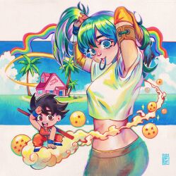 Rule 34 | 1boy, 1girl, absurdres, arm up, armpits, arms behind head, artist name, black hair, blue eyes, blue hair, blue sky, bulma, child, cloud, crop top, day, dougi, dragon ball, dragon ball (classic), dragon ball (object), flying nimbus, hair ornament, highres, house, island, jewelry, kame house, long hair, looking at viewer, midriff, mouth hold, ocean, open mouth, outdoors, ponytail, rian gonzales, saiyan, shirt, short hair, short sleeves, sky, smile, son goku, spiked hair, white shirt