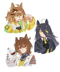 Rule 34 | 3girls, agnes tachyon (umamusume), ahoge, animal ears, black coat, black gloves, black hair, black necktie, black shirt, brown hair, clenched hand, closed mouth, coat, collared shirt, cropped torso, earrings, flask, gloves, hair between eyes, hair ornament, hairclip, hand on own chest, heichicc47, highres, holding, holding flask, horse ears, jacket, jewelry, jungle pocket (umamusume), lab coat, long hair, long sleeves, looking at viewer, manhattan cafe (umamusume), multicolored hair, multiple girls, multiple views, neckerchief, necktie, notched ear, open clothes, open jacket, open mouth, red eyes, round-bottom flask, shirt, short hair, short necktie, single earring, sleeves past fingers, sleeves past wrists, smile, streaked hair, sweater, umamusume, upper body, white background, yellow eyes, yellow jacket, yellow neckerchief, yellow sweater