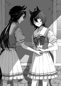 Rule 34 | 2girls, agnes tachyon (umamusume), ahoge, air shakur (umamusume), animal ears, bow, bowtie, closed mouth, commentary request, cowboy shot, greyscale, hair between eyes, highres, horse ears, horse girl, horse tail, karate (karatedazey), long hair, looking at viewer, monochrome, multiple girls, pleated skirt, sailor collar, school uniform, shade, short hair, short sleeves, skirt, standing, summer uniform, tail, tracen school uniform, umamusume, upper body