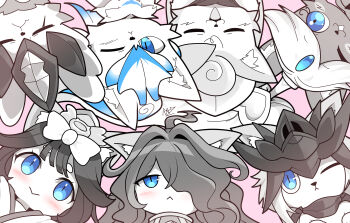 Rule 34 | 3girls, 4boys, absurdres, ahoge, animal ears, animal nose, black hair, blue eyes, blush, bow, bowtie, cat, cat ears, chibi, chibi only, curly hair, d'artanyan (nyanko daisensou), dancer, eyelashes, frown, gao (nyanko daisensou), gem, hair over eyes, happy, highres, japanese clothes, kasli (nyanko daisensou), kimono, long hair, looking at viewer, mitama (nyanko daisensou), multiple boys, multiple girls, nyanko daisensou, one eye closed, pink background, rak rak yee, scar, short hair, signature, smile, thick eyebrows, white bow, white bowtie, white kimono