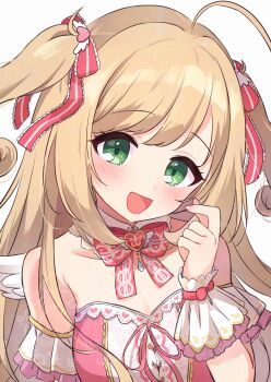 Rule 34 | 1girl, ahoge, arm garter, blonde hair, blush, bow, bowtie, breasts, collarbone, commentary request, detached sleeves, dress, fake wings, finger heart, green eyes, heart, heart print, highres, idolmaster, idolmaster cinderella girls, long hair, medium breasts, multicolored hair, pink bow, pink bowtie, potarou pomi, sato shin, simple background, smile, solo, strapless, strapless dress, two-tone hair, upper body, very long hair, white background, white wings, wings