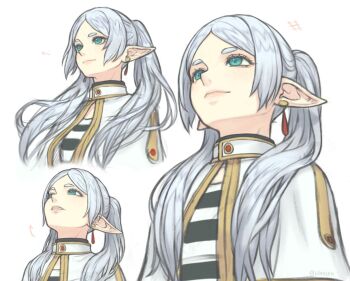 1girl capelet commentary earrings elf english_commentary frieren gofelem green_eyes grey_hair jewelry long_hair meme pointy_ears simple_background smile sousou_no_frieren twintails twitter_username upward_angle_frieren_drawing_(meme) white_background white_capelet